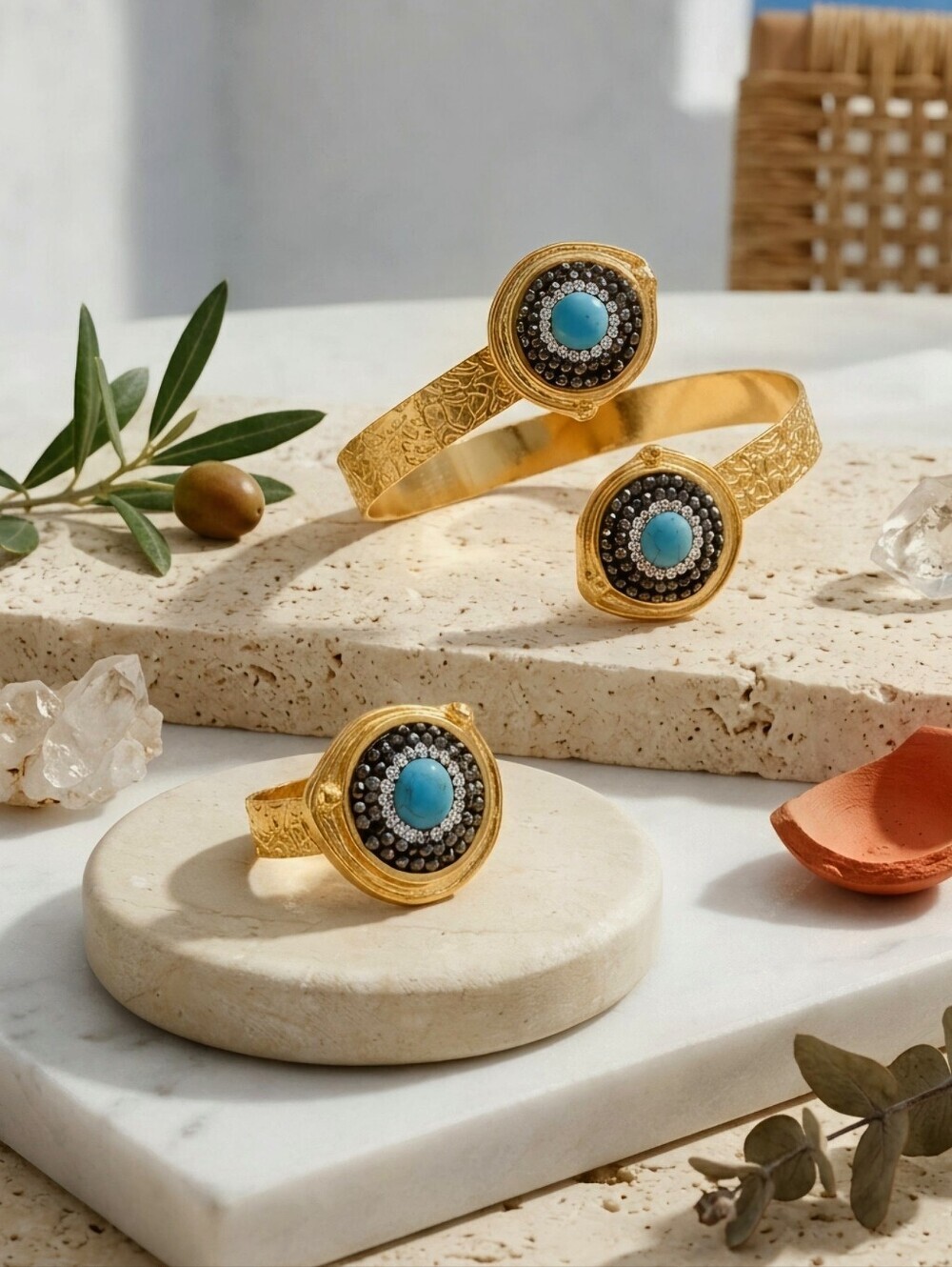 18K Gold Plated Turkish Turquoise Cuff and Ring Set Bohemian Mediterranean 8-10